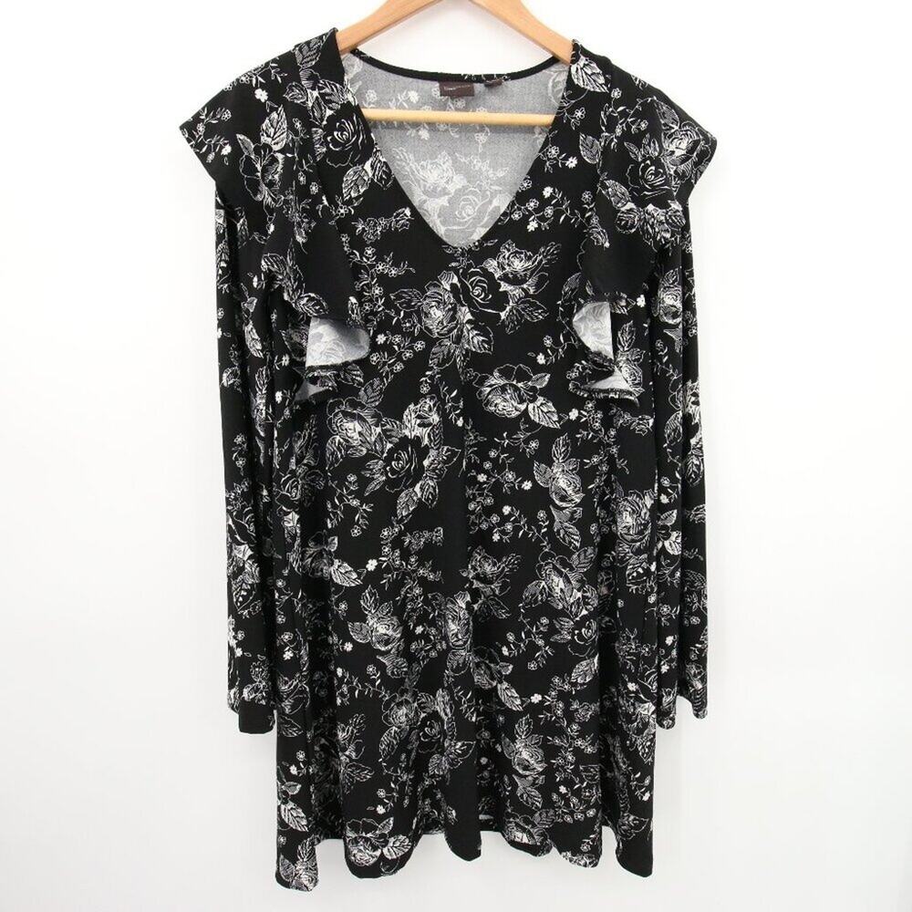 Free Press Dress Black White Floral Pattern Ruffle Long Sleeve Scoop Neck Soft S